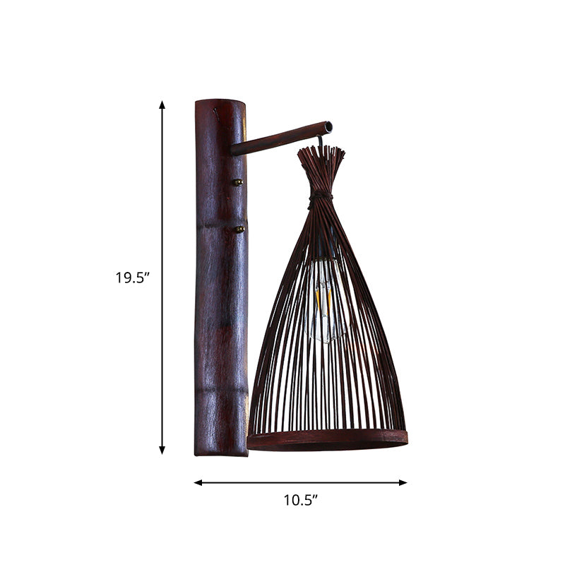 Dark Brown Conic Wall Lamp Fixture Asia 1 Head Bamboo Wall Mounted Light for Kitchen