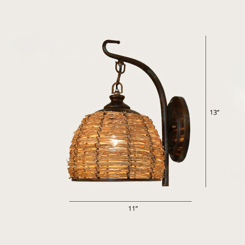 Single Restaurant Wall Light Chinese Style Wall Hanging Lamp with Woven Bamboo Shade