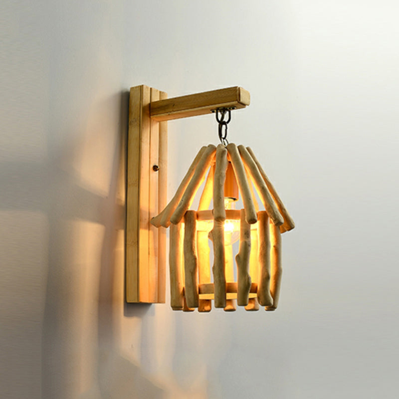 Single Restaurant Wall Light Chinese Style Wall Hanging Lamp with Woven Bamboo Shade