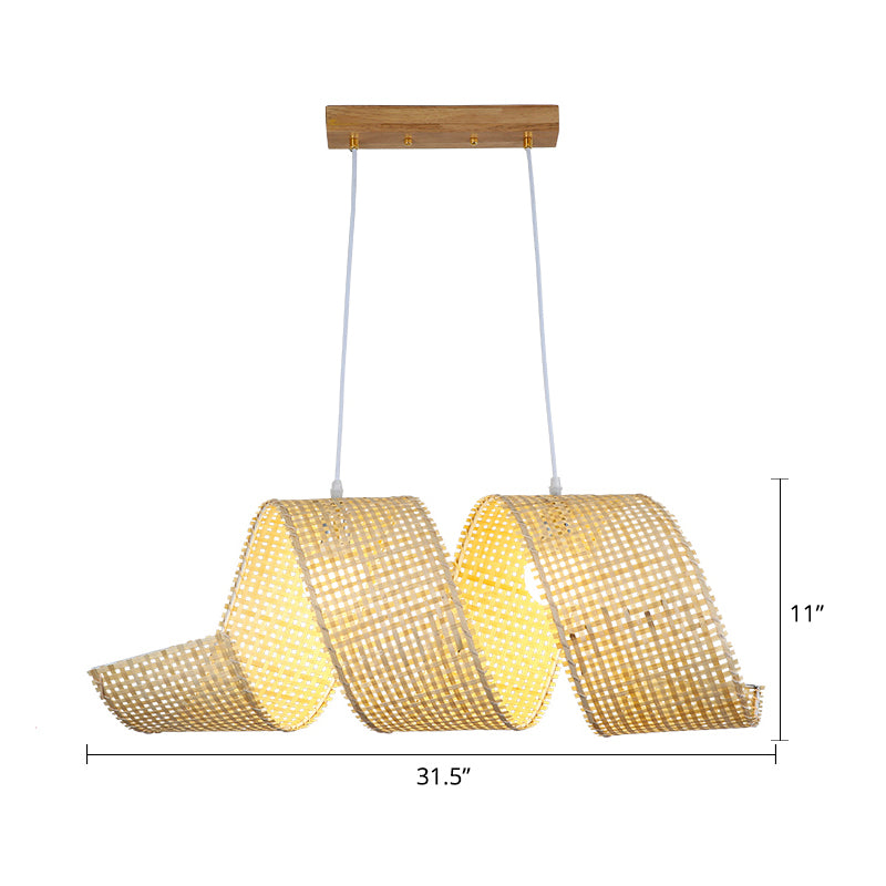 Beige Curl Hanging Light Minimalist 2-Light Bamboo Pendant Light Fixture for Tea Room