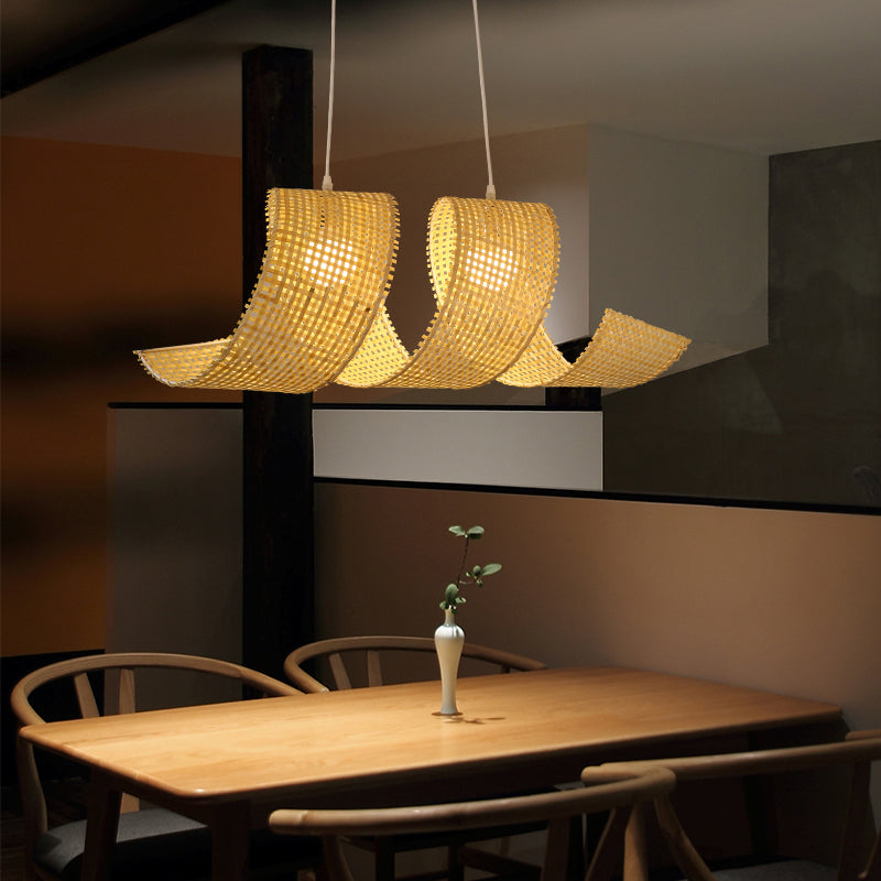 Beige Curl Hanging Light Minimalist 2-Light Bamboo Pendant Light Fixture for Tea Room