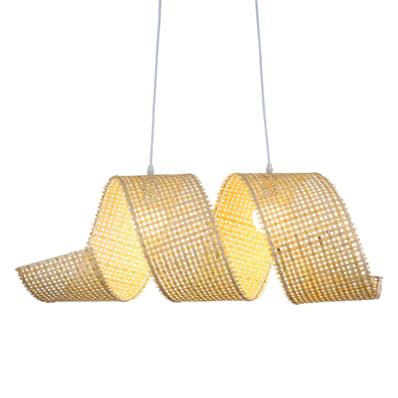 Beige Curl Hanging Light Minimalist 2-Light Bamboo Pendant Light Fixture for Tea Room