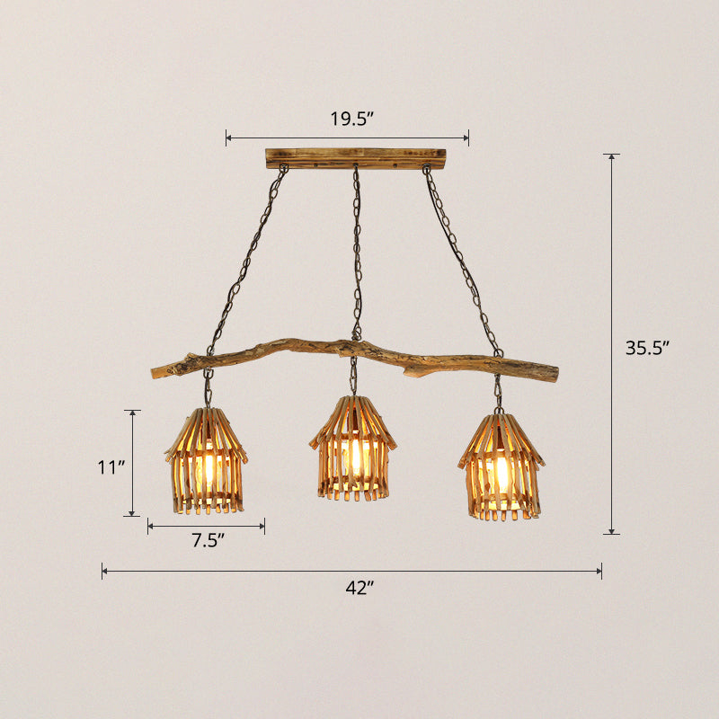 Wooden House Shaped Hanging Lamp Nordic 3 Heads Island Pendant Light for Dining Room