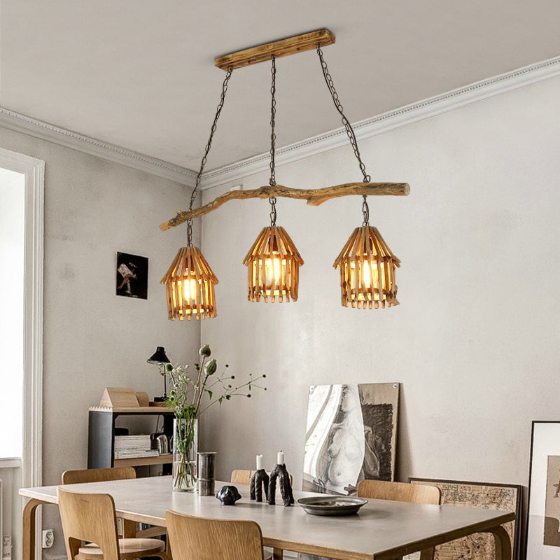 Maison en bois en forme de lampe suspendue nordique 3 Heads Island Pendant Light pour salle à manger