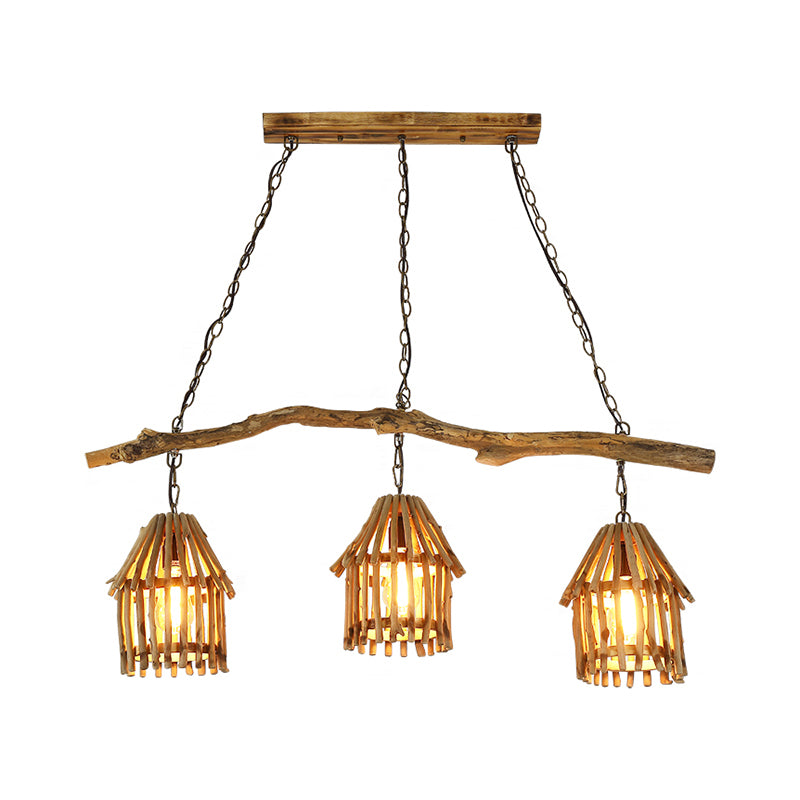 Wooden House Shaped Hanging Lamp Nordic 3 Heads Island Pendant Light for Dining Room