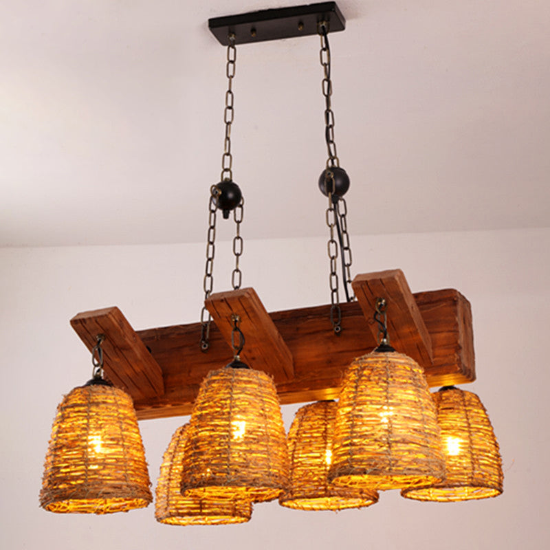 Brown Tapered Suspension Light Fixture Asia Rattan Island Lighting for Dining Room
