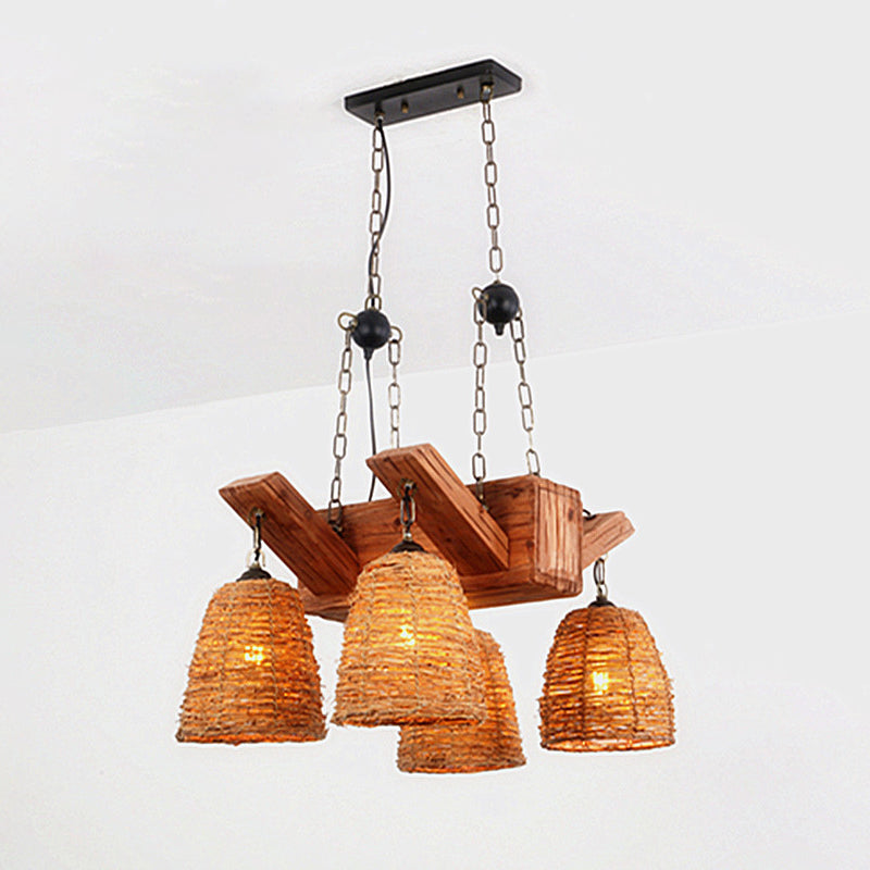 Brown Tapered Suspension Light Fixture Asia Rattan Island Lighting for Dining Room
