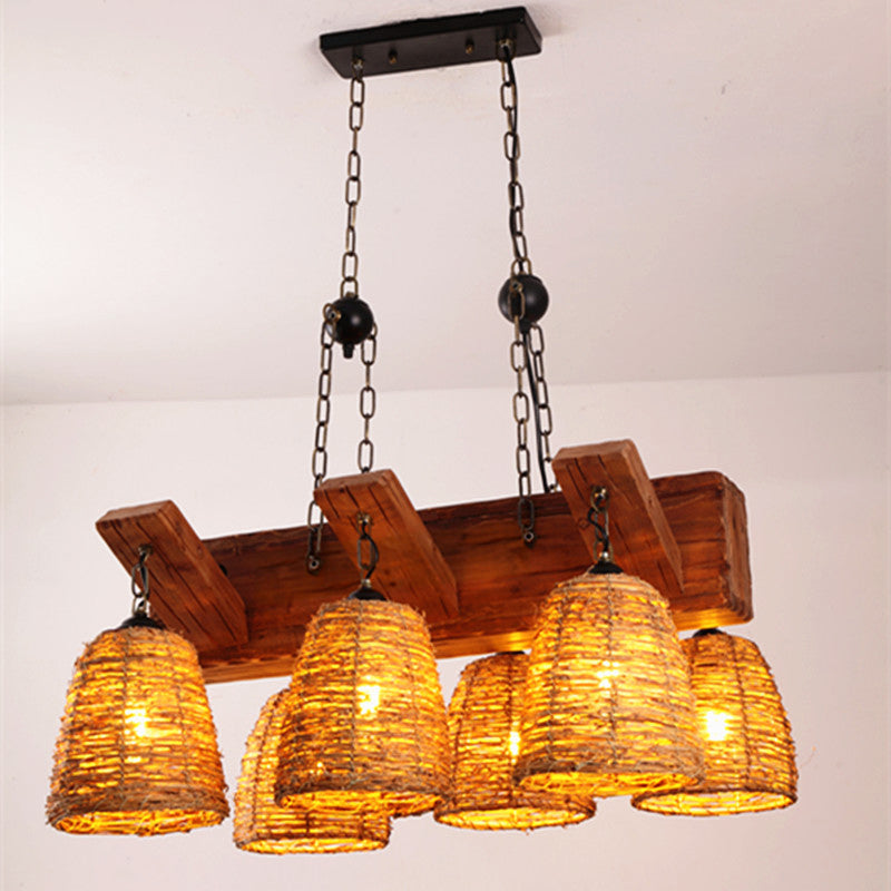 Brown Tapered Suspension Light Fixture Asia Rattan Island Lighting for Dining Room