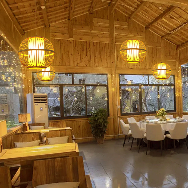 Sphere Tea Room Ceiling Pendant Wooden Single-Bulb Chinese Suspension Light in Beige