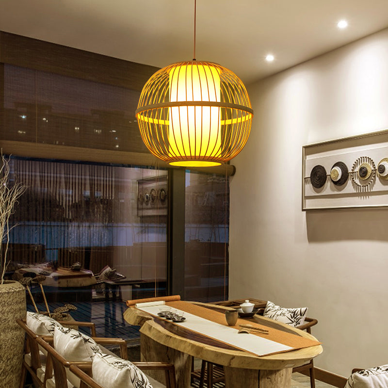 Sphere Tea Room Ceiling Pendant Wooden Single-Bulb Chinese Suspension Light in Beige