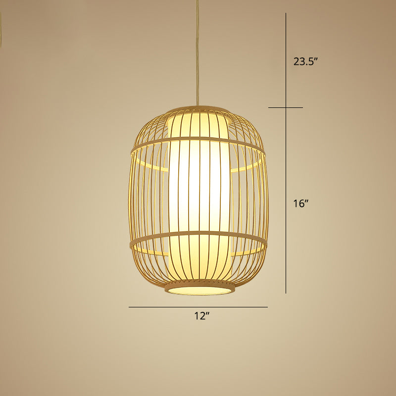 Chinese 1 Head Pendulum Light Beige Elliptical Lantern Pendant with Bamboo Shade