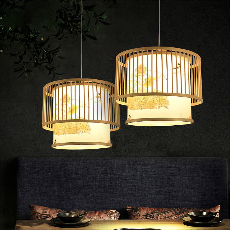 Drum Bamboo Pendant Lamp Asian 1-Light Beige Ceiling Light with Cylindrical Printed Shade