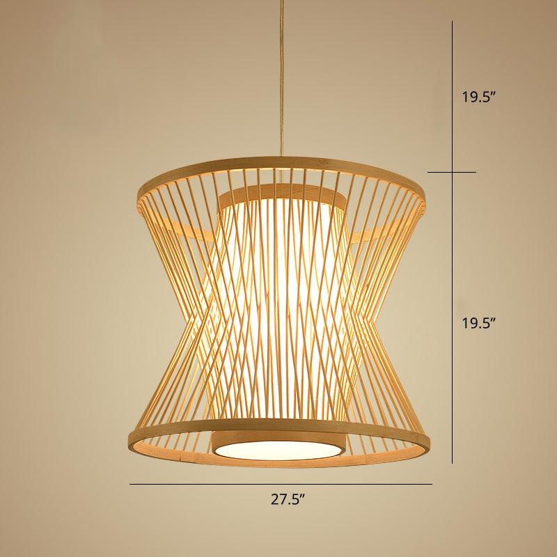 Symmetric Cage Pendant Lighting Nordic Bamboo 1 Bulb Beige Pendulum Light for Restaurant