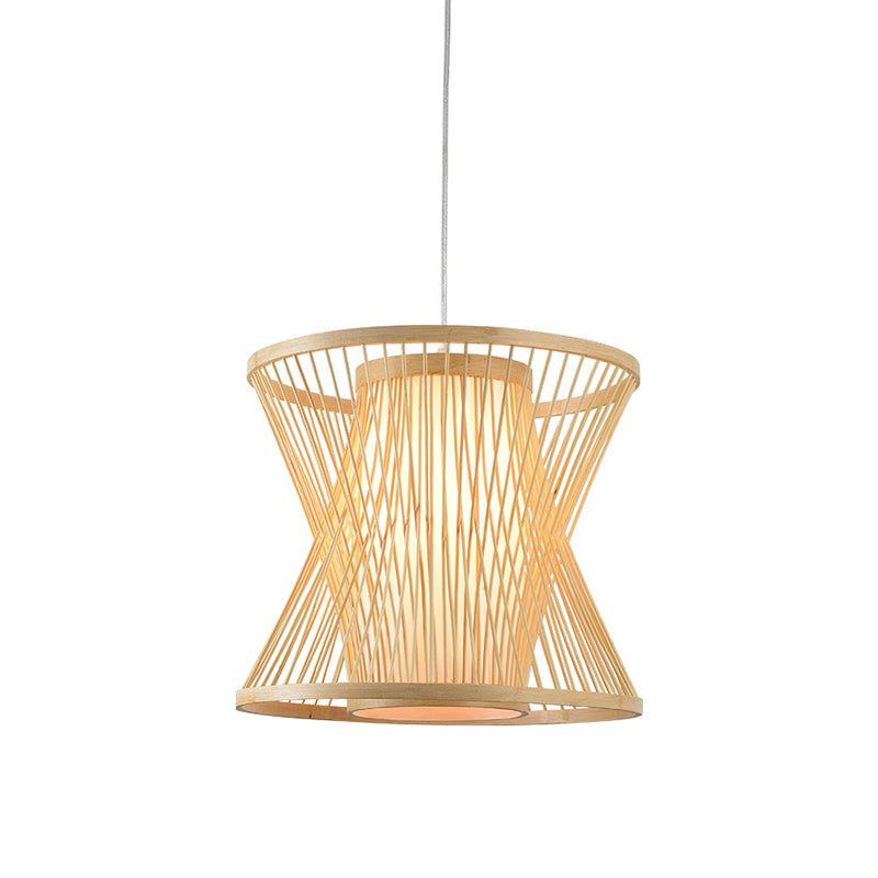Symmetric Cage Pendant Lighting Nordic Bamboo 1 Bulb Beige Pendulum Light for Restaurant