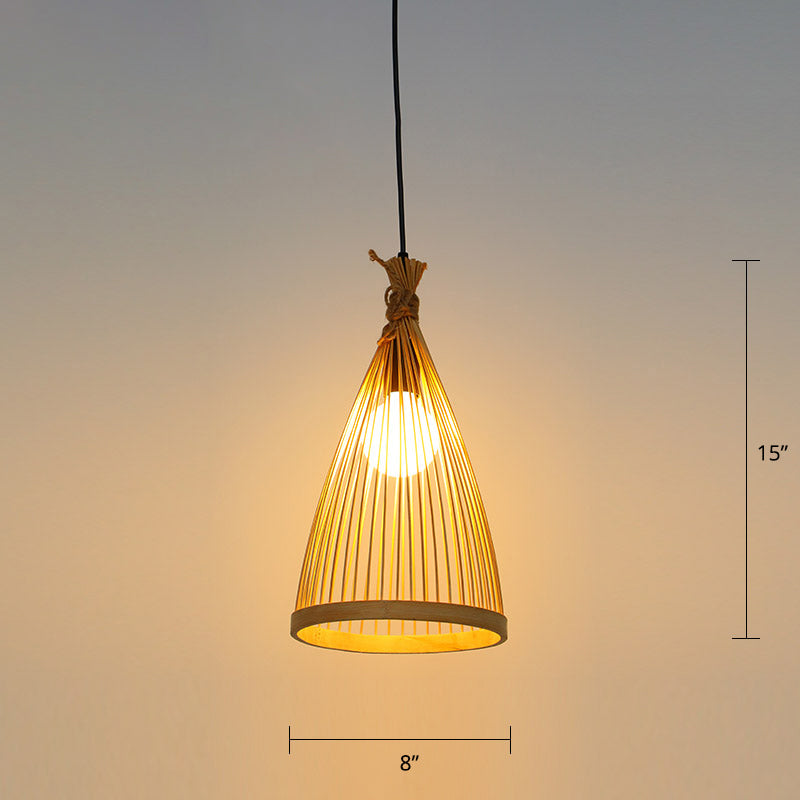 Conical Restaurant Drop Pendant Bamboo 1 Head Minimalist Hanging Ceiling Light with Cage Design