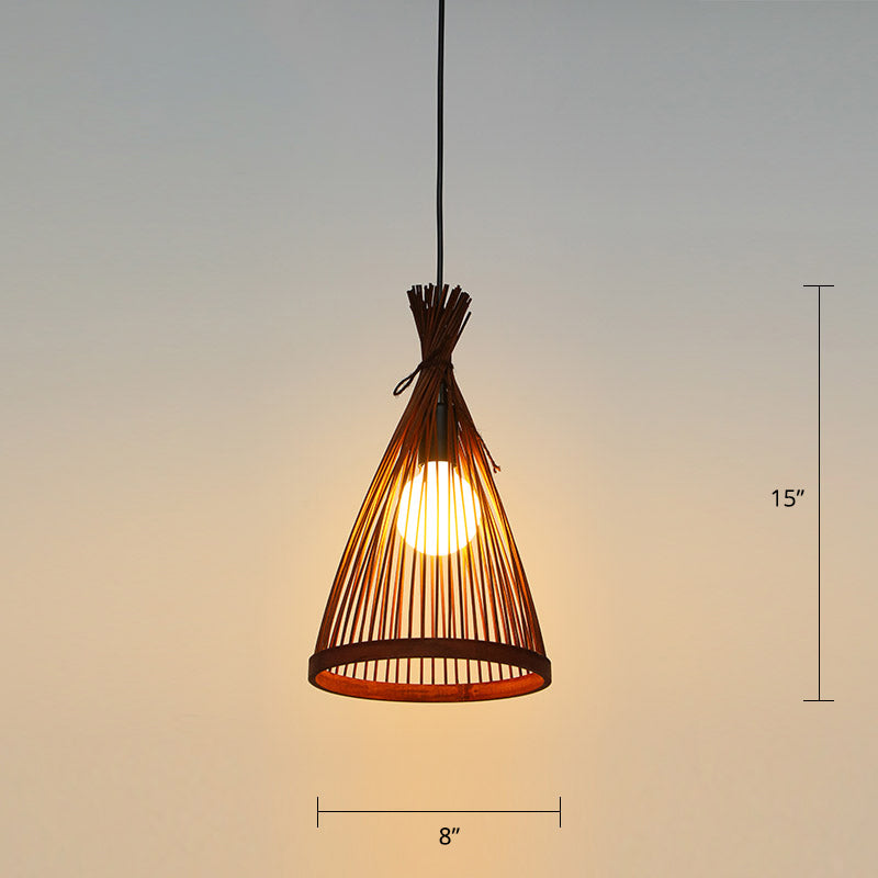 Conical Restaurant Drop Pendant Bamboo 1 Head Minimalist Hanging Ceiling Light with Cage Design