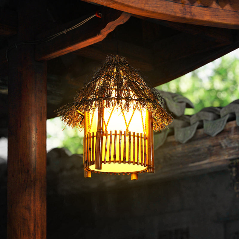 Asian House Shaped Pendant Lamp Bamboo Single-Bulb Restaurant Hanging Light Fixture