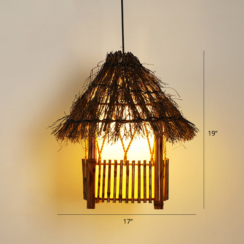 Asian House Shaped Pendant Lamp Bamboo Single-Bulb Restaurant Hanging Light Fixture