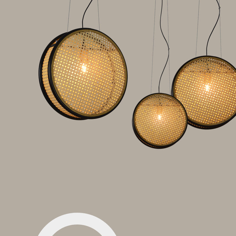 Beige Circle Hanging Ceiling Light Creative Asian 1-Light Rattan Drop Pendant for Bedroom