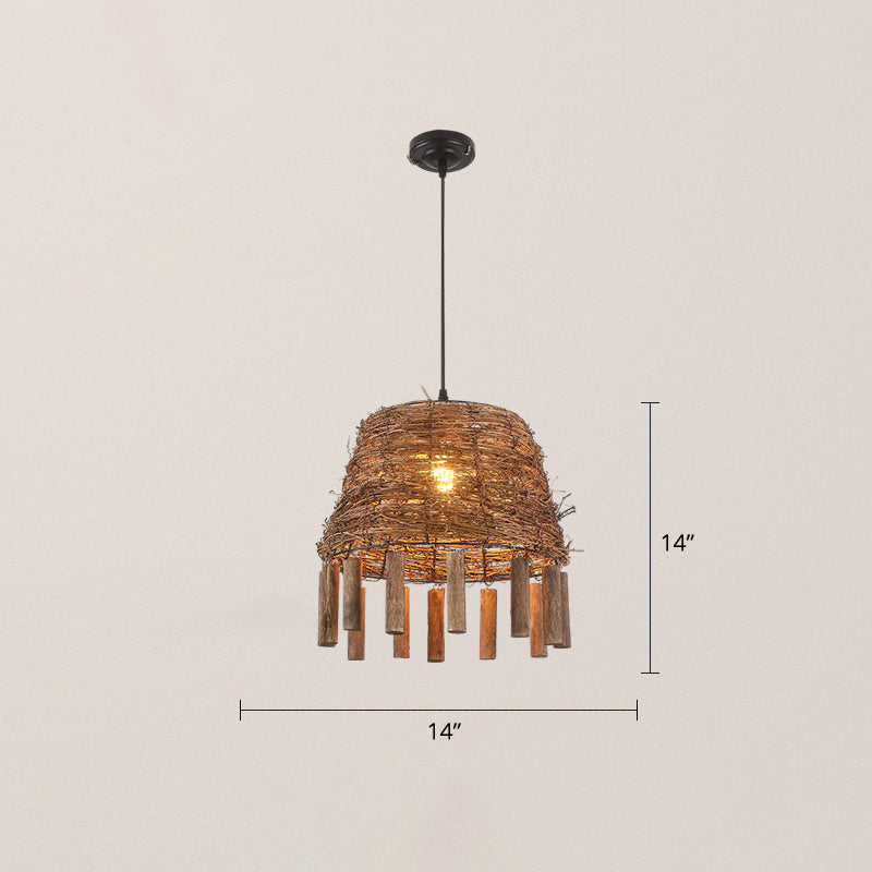 Rattan Conical Frustum Hanging Light Country 1-Bulb Restaurant Ceiling Pendant with Sticks Deco in Brown