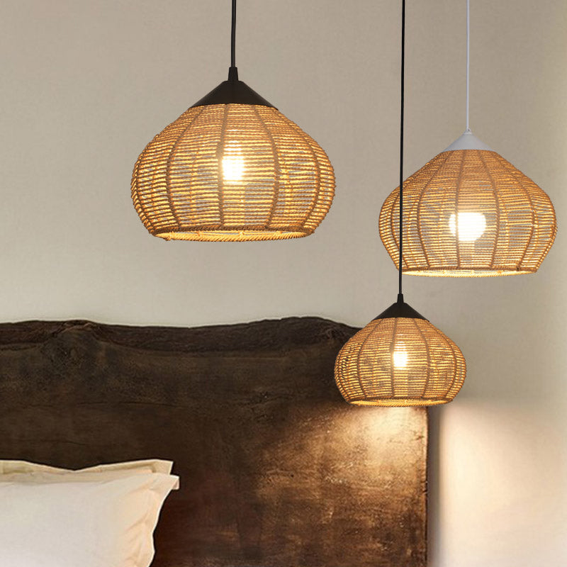 Minimalist Waterdrop Shaped Pendant Lighting Hemp Rope 1-Light Bedside Pendulum Light