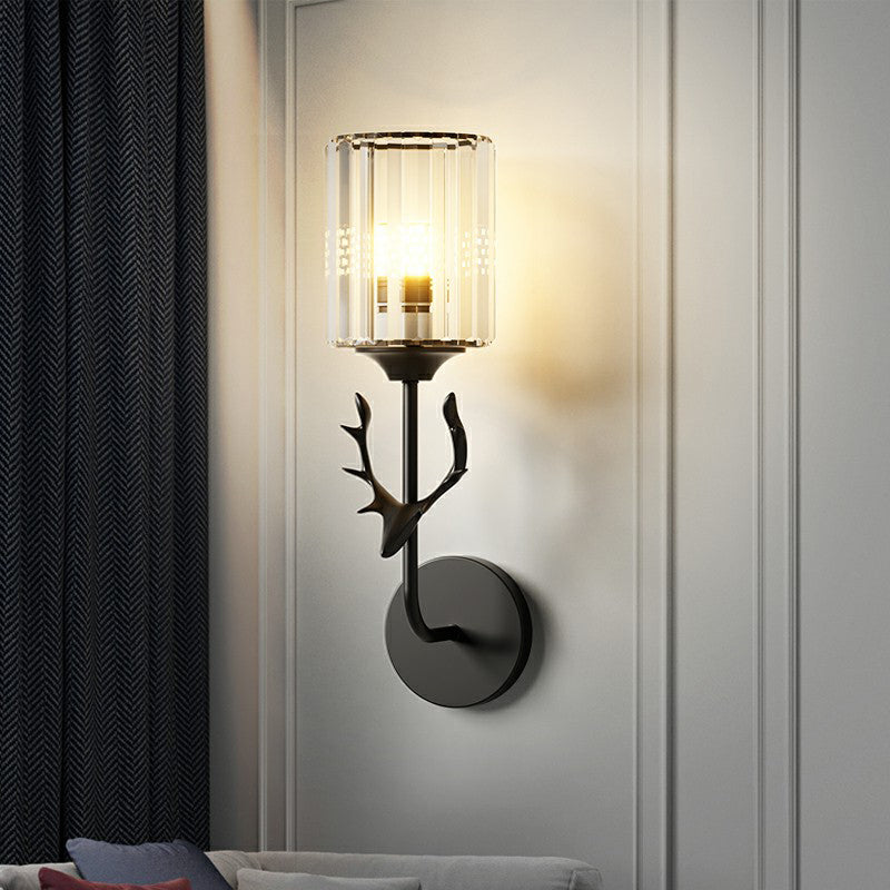 Cylinder Wall Mount Light Nordic Crystal Prism Wall Sconce with Antler Decoration