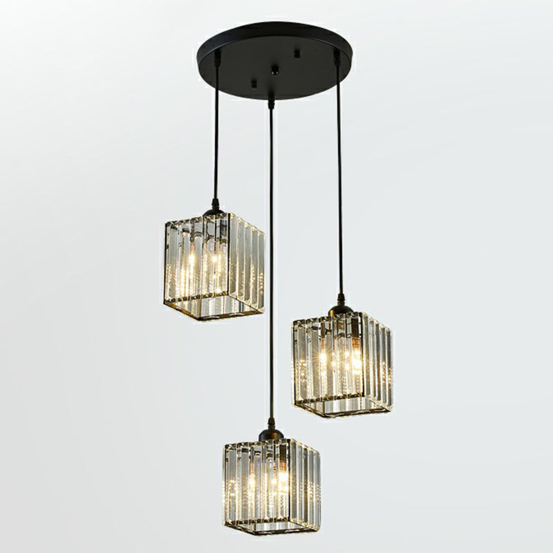 Shaded Multi-Light Pendant Modern Crystal Block 3-Head Dining Room Ceiling Light in Black