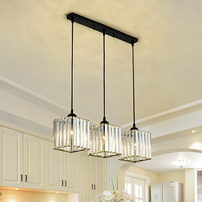 Shaded Multi-Light Pendant Modern Crystal Block 3-Head Dining Room Ceiling Light in Black