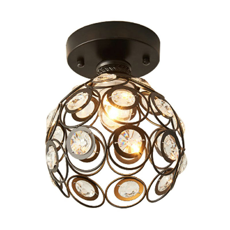 Black Ball Semi Flush Light Retro Single-Bulb Crystal Ceiling Light for Corridor