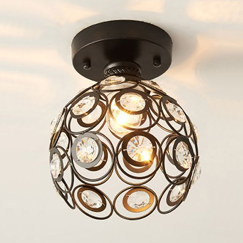 Black Ball Semi Flush Light Retro Single-Bulb Crystal Ceiling Light for Corridor