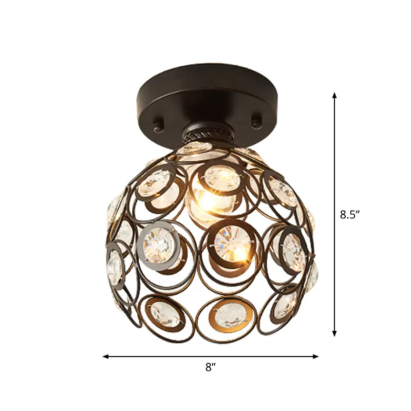 Black Ball Semi Flush Light Retro Single-Bulb Crystal Ceiling Light for Corridor