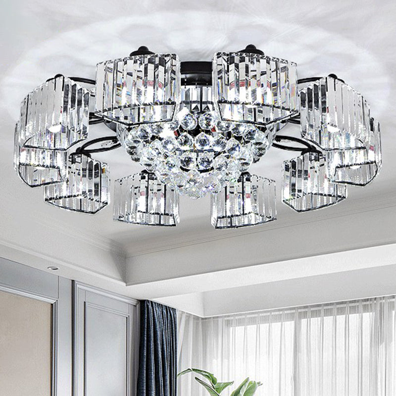 Circular Bedroom Ceiling Lamp Prismatic Crystal Minimalist Semi Mount Lighting in Black