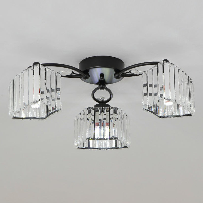 Circular Bedroom Ceiling Lamp Prismatic Crystal Minimalist Semi Mount Lighting in Black
