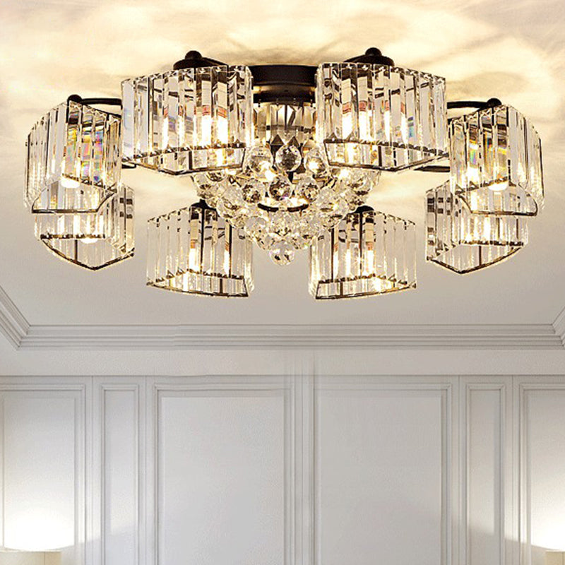 Circular Bedroom Ceiling Lamp Prismatic Crystal Minimalist Semi Mount Lighting in Black