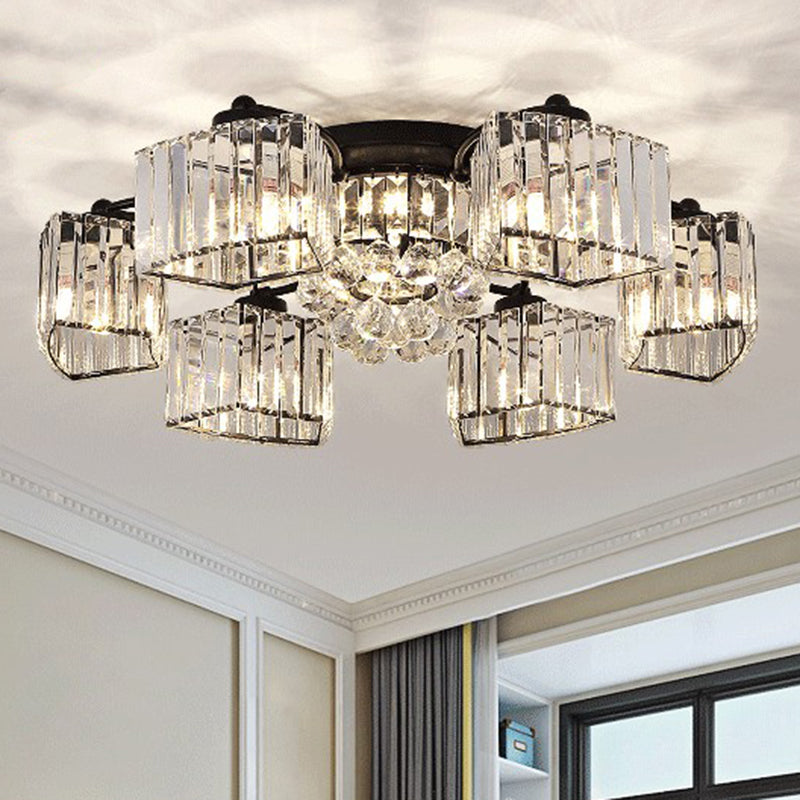 Circular Bedroom Ceiling Lamp Prismatic Crystal Minimalist Semi Mount Lighting in Black