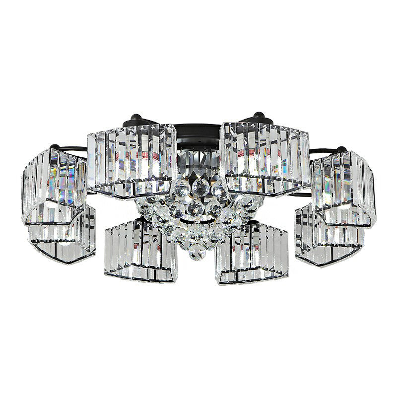 Circular Bedroom Ceiling Lamp Prismatic Crystal Minimalist Semi Mount Lighting in Black