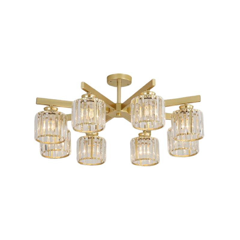 Crystal Cylinder Ceiling Mounted Light Minimalistic Golden Semi Flush Mount Fixture for Bedroom