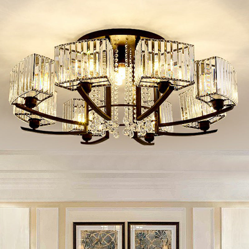 Rectangle Bedroom Semi Flush Ceiling Light Crystal Contemporary Flush Mount Lamp in Black