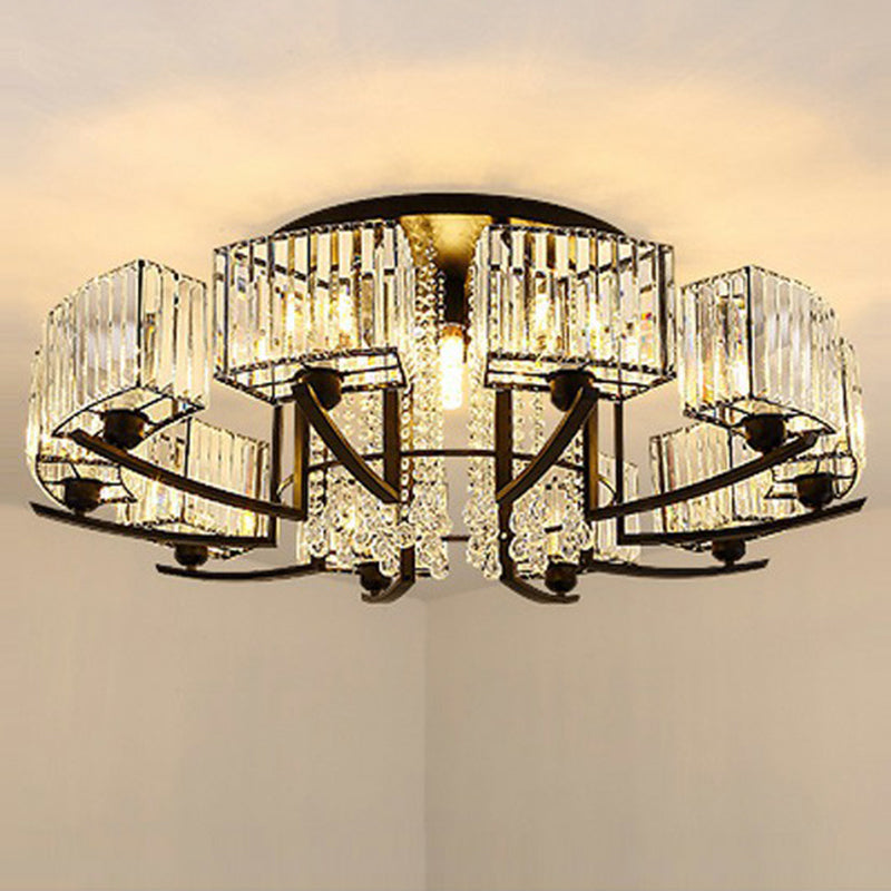 Rectangle Bedroom Semi Flush Ceiling Light Crystal Contemporary Flush Mount Lamp in Black