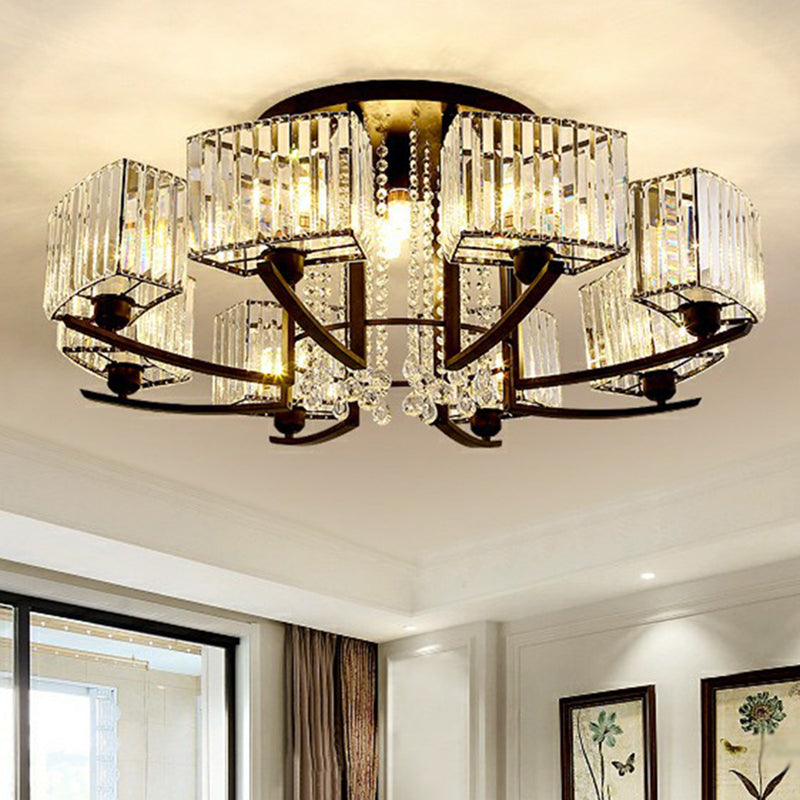 Rectangle Bedroom Semi Flush Ceiling Light Crystal Contemporary Flush Mount Lamp in Black