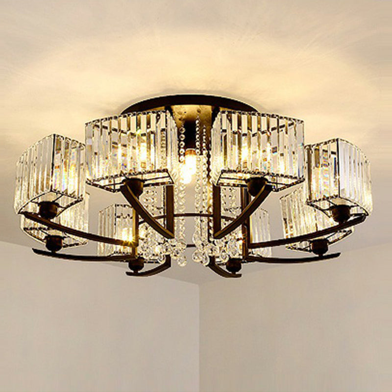 Rectangle Bedroom Semi Flush Ceiling Light Crystal Contemporary Flush Mount Lamp in Black