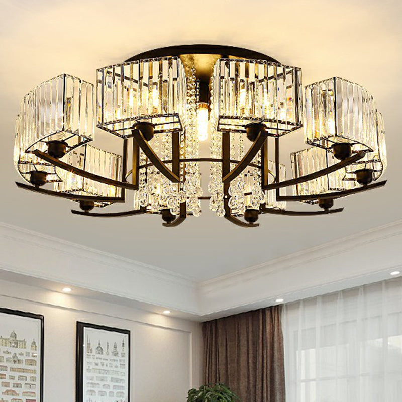Rectangle Bedroom Semi Flush Ceiling Light Crystal Contemporary Flush Mount Lamp in Black