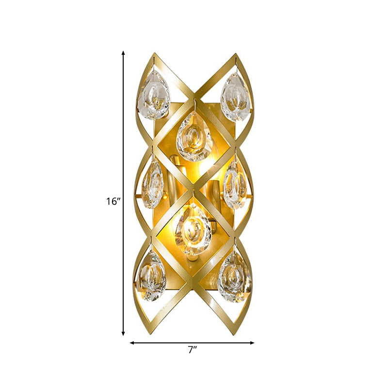 Metal Spiral Sconce Traditionary 2 Heads Gold Wall Mounted Lighting with Crystal Drop for Bedside