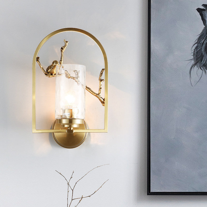 Cylindrical Sconce Light Traditionary Metal 1/2 Heads Gold Wall Lamp Fixture with Bird Deco