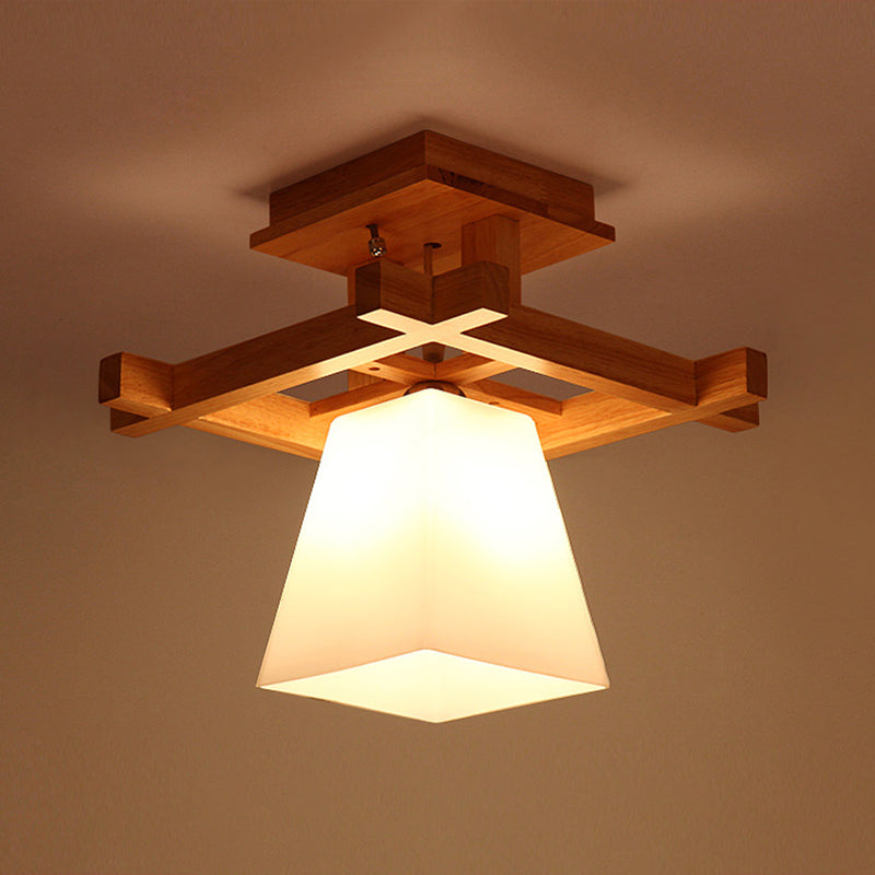 Wood Trapezoidal Ceiling Light Nordic Single-Bulb White Glass Semi Flush Mount for Foyer