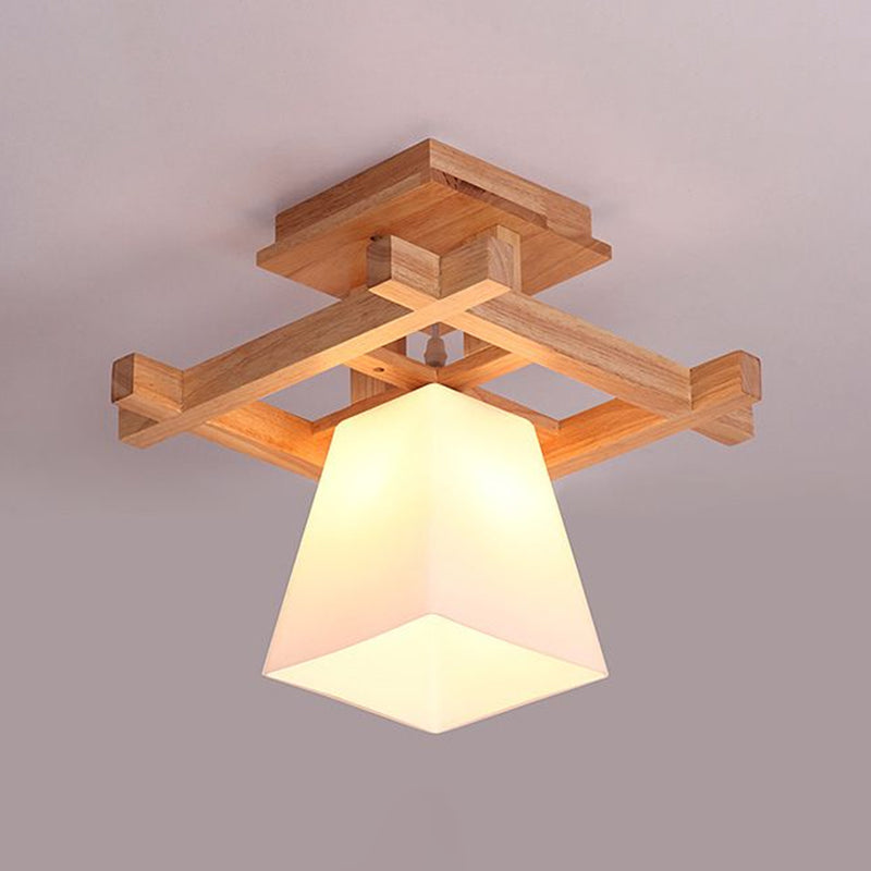 Wood Trapezoidal Ceiling Light Nordic Single-Bulb White Glass Semi Flush Mount for Foyer
