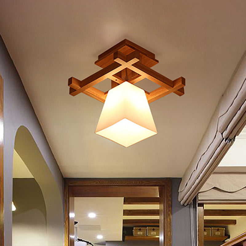 Wood Trapezoidal Ceiling Light Nordic Single-Bulb White Glass Semi Flush Mount for Foyer
