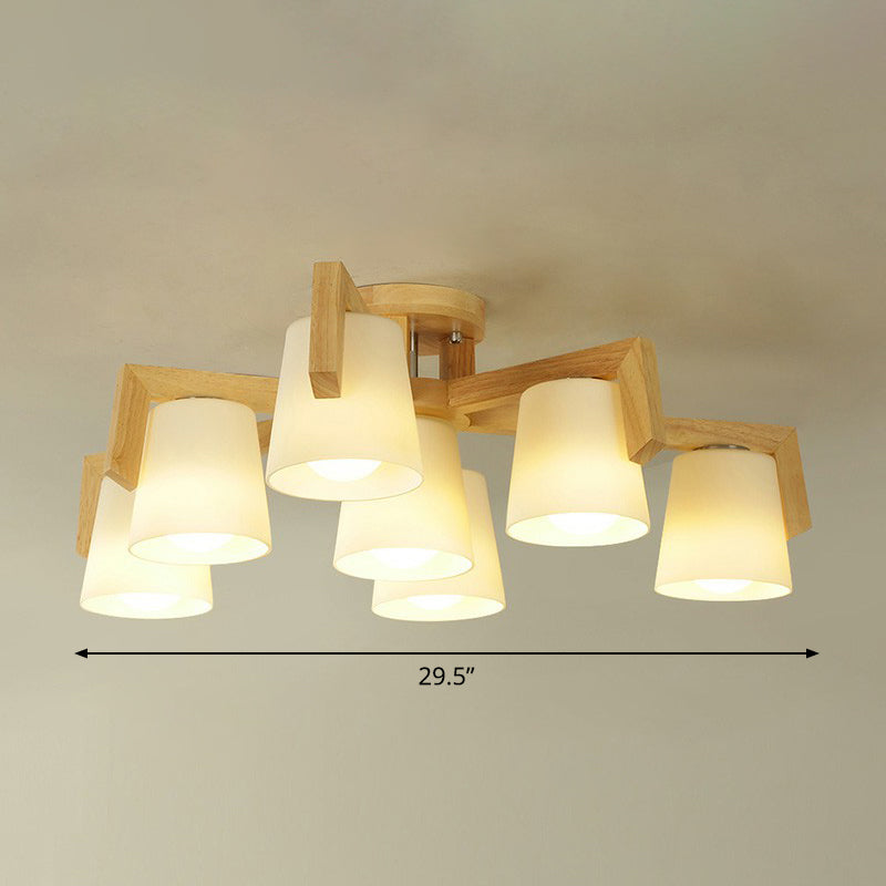 Conic Living Room Semi Flush Ceiling Light Frosted Glass Modern Flush Mount Light in Wood