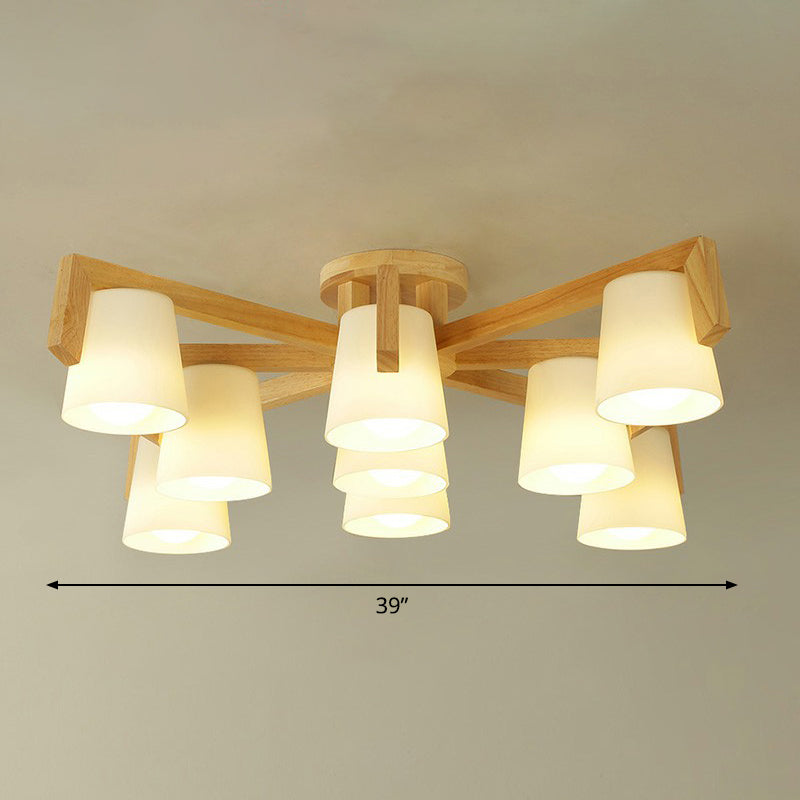 Conic Living Room Semi Flush Ceiling Light Frosted Glass Modern Flush Mount Light in Wood