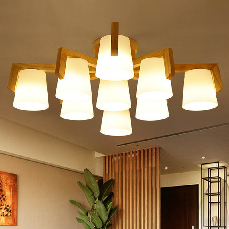 Conic Living Room Semi Flush Ceiling Light Frosted Glass Modern Flush Mount Light in Wood